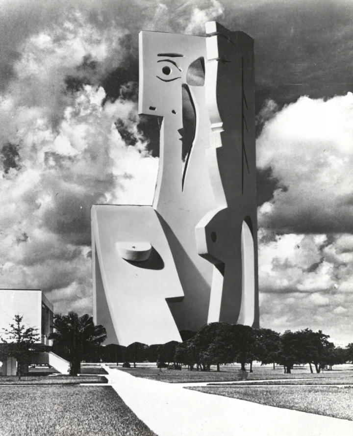 Carl Nesjar’s photomontage showing how “Bust of a Woman” would appear on the University of Southern Florida’s campus. Image: USF Special Collection Library