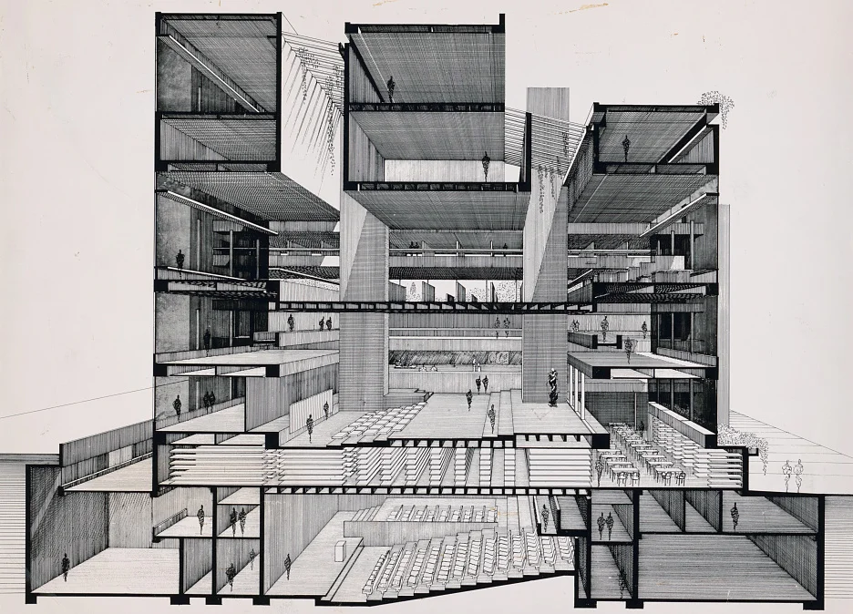 Art and Architecture Building, now Rudolph Hall, Yale University, New Haven, Connecticut. Perspective section. Photograph of drawing by Paul Rudolph, circa 1964, printed later. Image: Library of Congress