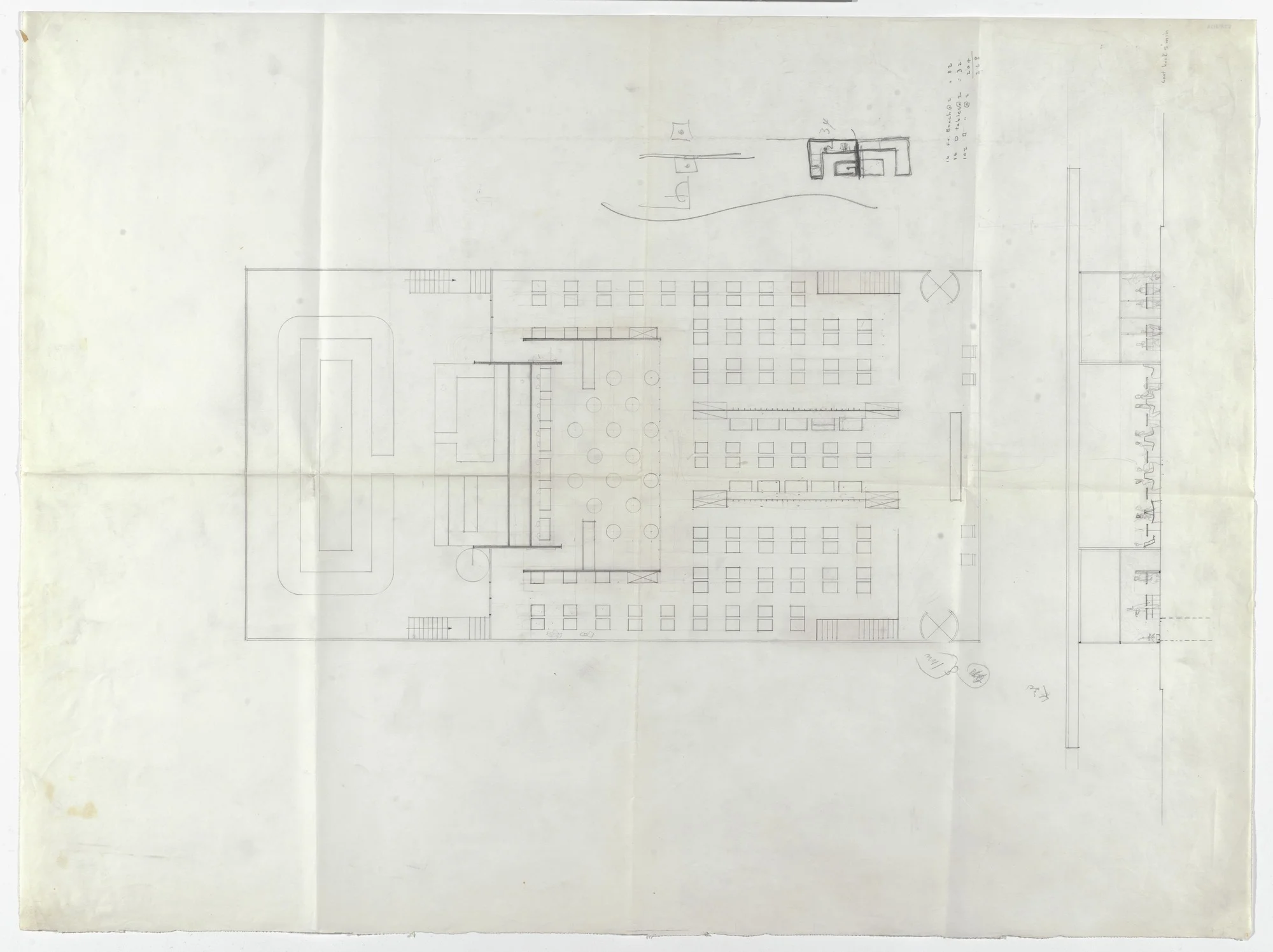 Floor plan and elevation of a drive-in: the Cantor “HIWAY” restaurant, designed by Mies Van der Rohe, pencil on tracing paper, circa 1945-1950. Image: The Museum of Modern Art
