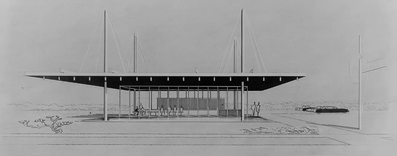 Paul Rudolph’s perspective rendering of a donut stand for Tampa, Florida. Image: Library of Congress