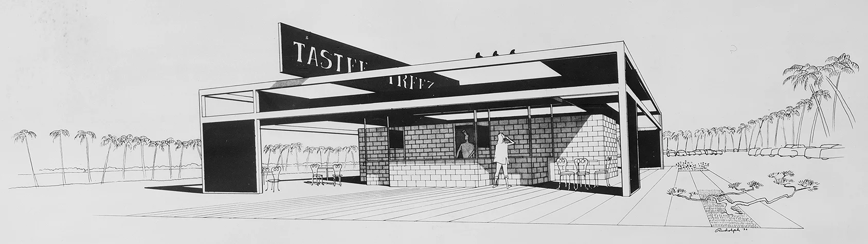 Paul Rudolph’s perspective rendering of a Tastee Freez stand, from 1954. Judging from the palm trees (in the background of the drawing), this too was for Florida. Image: Library of Congress