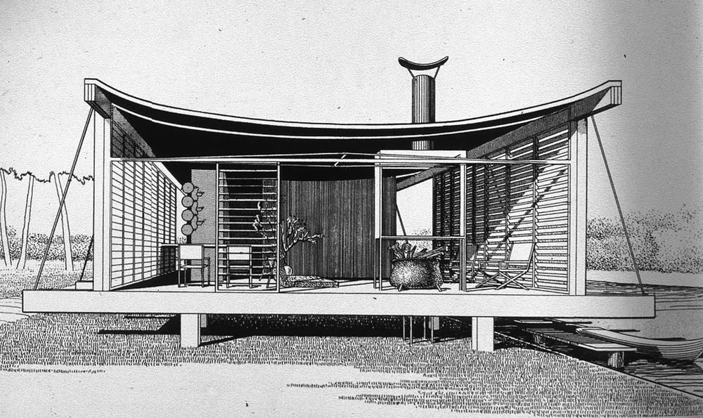Paul Rudolph’s perspective rendering of the Healy Guest House (also known at the “Cocoon House”), with its suspended, catenary curve roof. It was built in Siesta Key, Florida. Image: Paul Rudolph Heritage Foundation