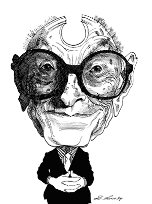 David Levine’s image of Philip Johnson, drawn in 1994. It has been used with essay-reviews about Johnson (focusing on books about him), which have appeared in The New York Review of Books. Image: The New York Review of Books
