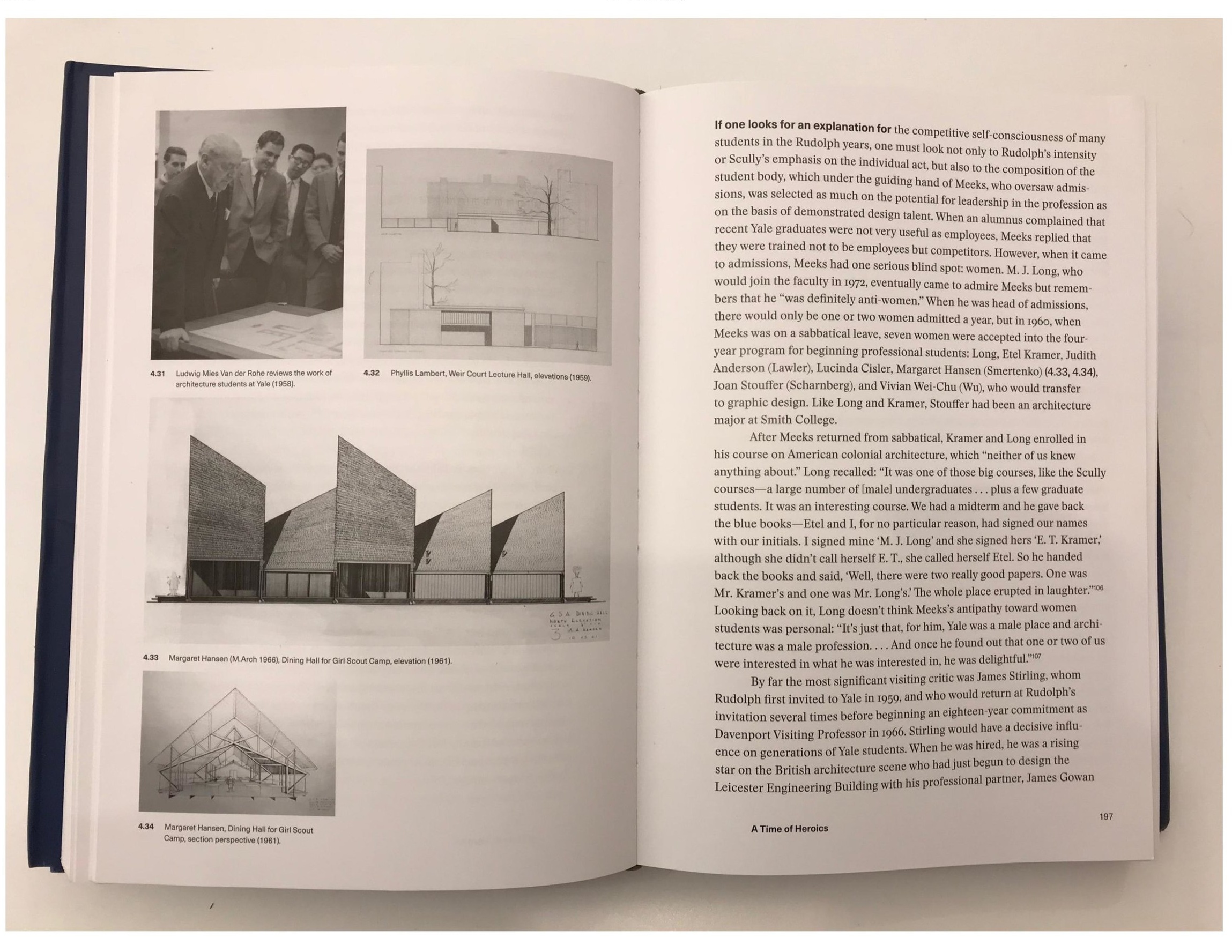 At the upper-left is a photo of Mies van der Rohe, taken during in 1958 during a review of student work at Yale. Image: The picture, by James Righter, is as shown on a spread from “Pedagogy and Place” by Robert A. M. Stern and Jimmy Stamp—the authoritative book on the history of the architecture program at Yale.
