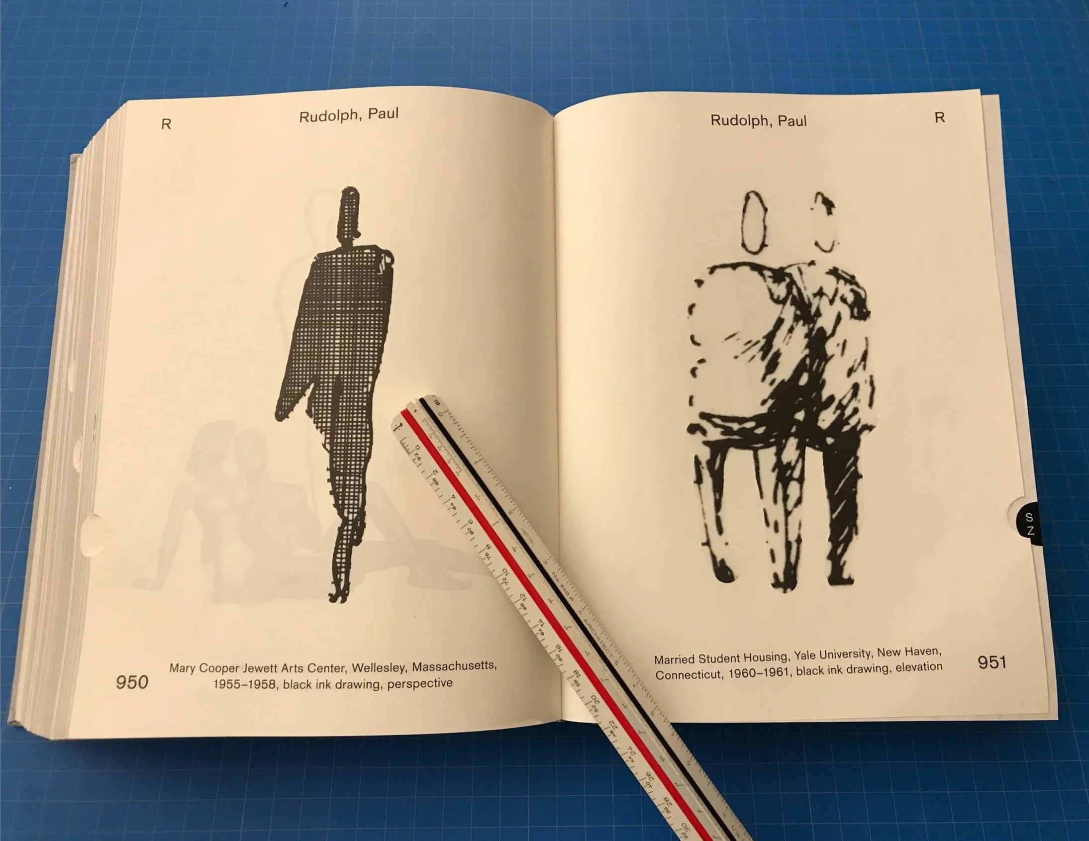 The book is huge and wide-ranging—a clearly done out of love of the topic—and the foot-long architect’s scale (shown here with the book) will give you a sense of its scale. We’ve opened it to a spread on which two more of Paul Rudolph’s figures are shown.