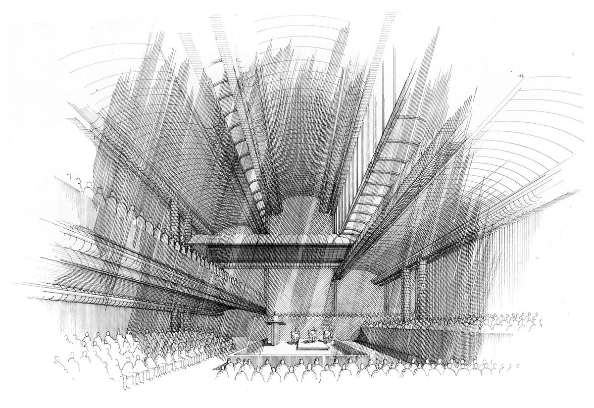 Paul Rudolph’s Interior perspective-rendering of his Cannon Chapel , at Emory University. This commission may have been very meaningful to Rudolph: his father, Reverend Keener Rudolph, was in Emory theology school’s first graduating class. Image: This original pen & ink drawing is in the collection of Ernst Wagner, Founder of the Paul Rudolph Heritage Foundation.
