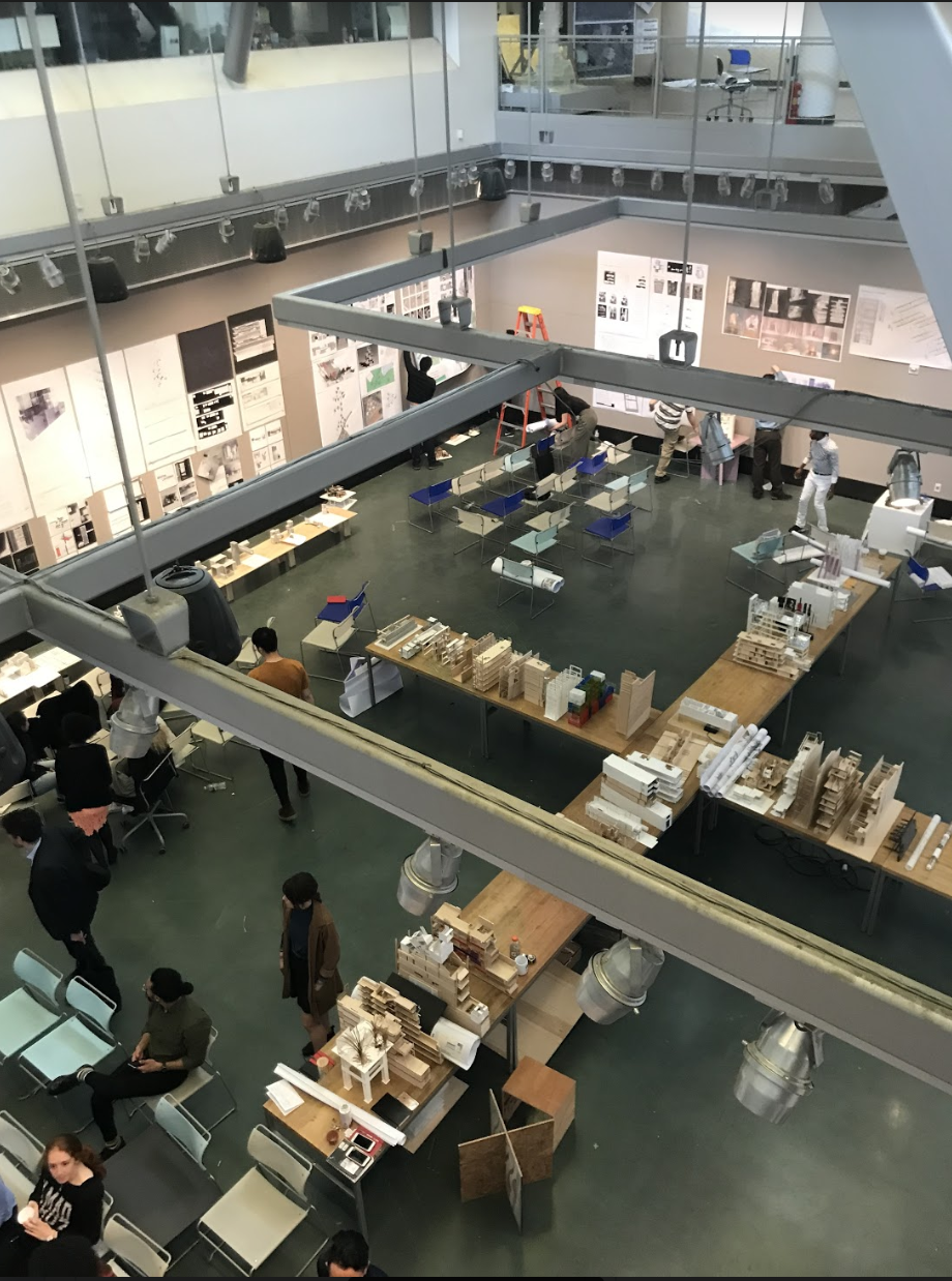 City College’s School of Architecture building’s central atrium: a view from above, Showing the students work being set up (just prior to the beginning of the end-of-semester jury.) Photo: Kelvin Dickinson for the Paul Rudolph Heritage Foundation