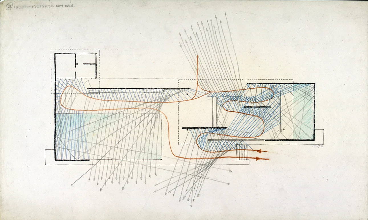 ‘Circulation & Reflection From Walls’ - Paul Rudolph’s graphic analysis of Mies’s Barcelona Pavilion. Image from the Archives of the Paul Rudolph Heritage Foundation.