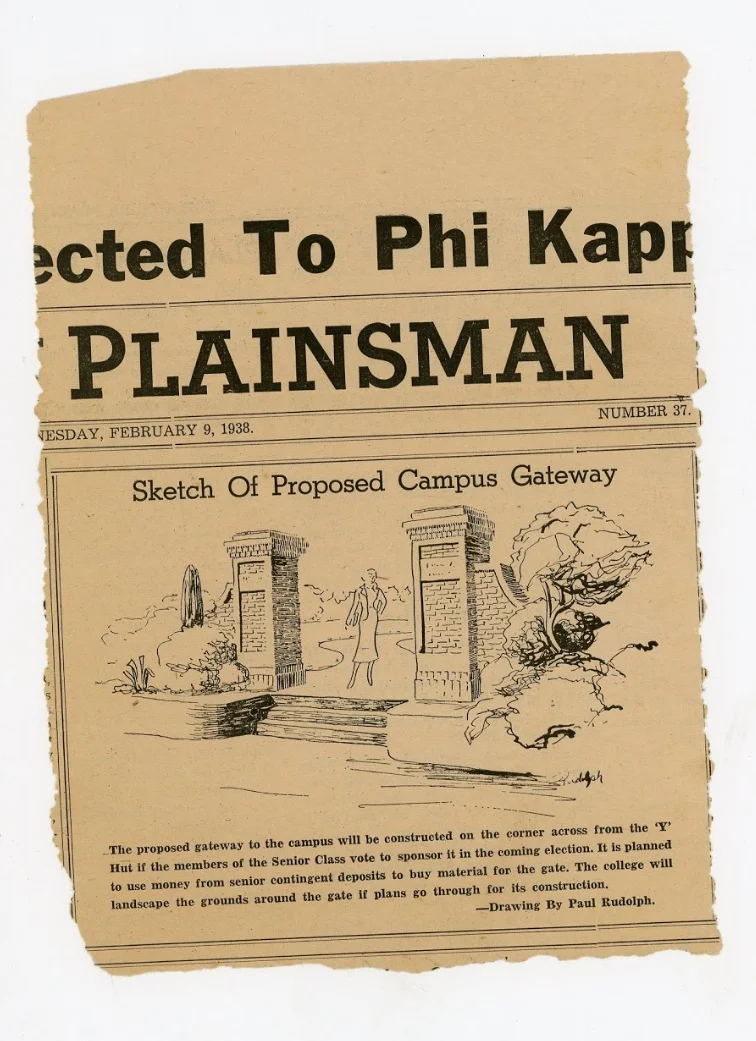 An illustration from the cover of a 1938 issue of “The Plainsman”, the official student newspaper of the Alabama Technical Institute (now: Auburn University). Could this be Paul Rudolph’s first published design? Image from an original newspaper clipping in the archives of the Paul Rudolph Heritage Foundation.