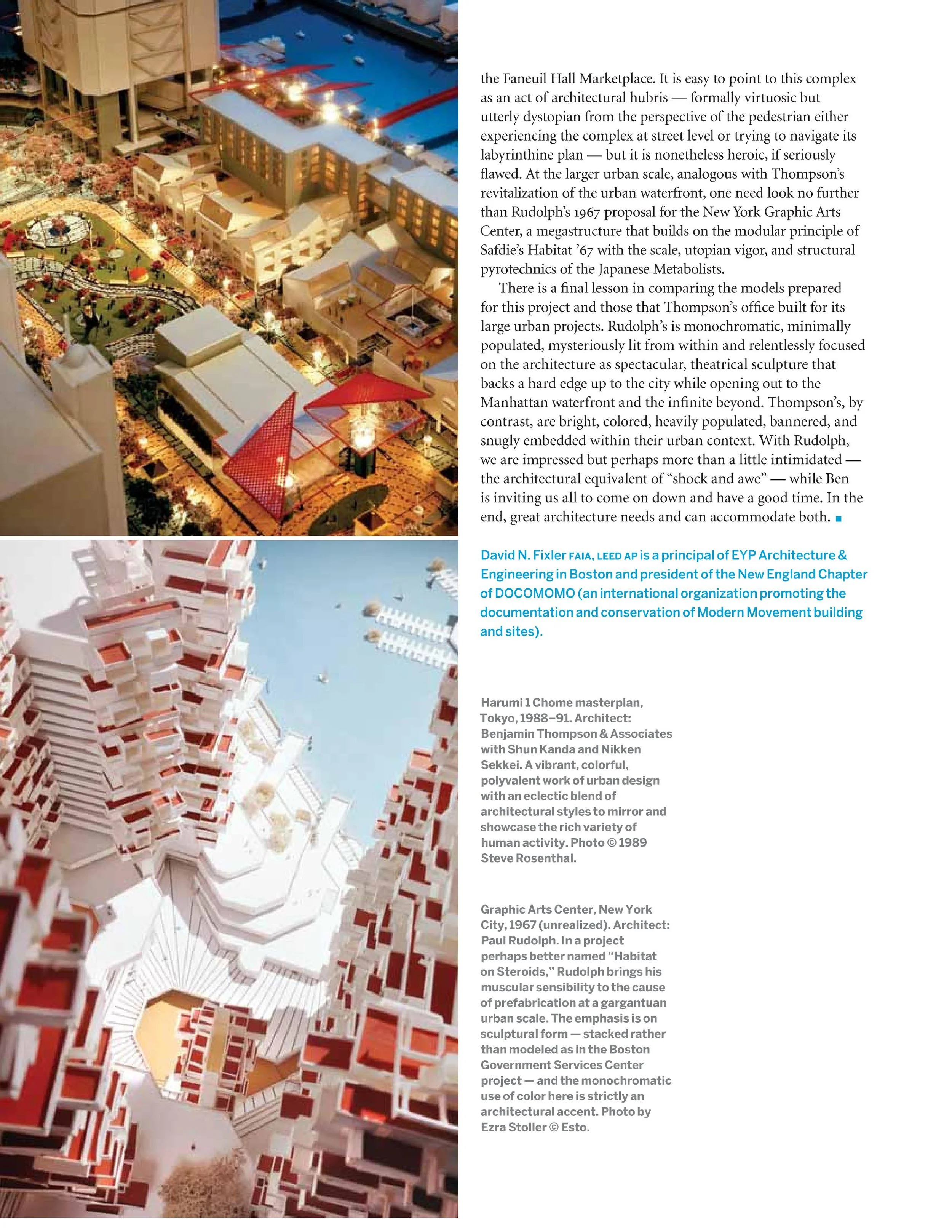 The two approaches, of Thompson and Rudolph, are embodied in architectural models from each, which are depicted in the article. Image: a page from the article, “Ben & Paul” by David N. Fixler, in the Spring,2011 issue of Architecture Boston magazine.