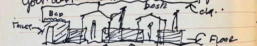 Section sketch of the drafting room at Rudolph’s architectural office. Drawing by Errol Barron.