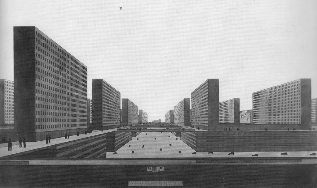 One of Ludwig Hilberseimer’s visions for the a reformed, rebuilt, efficient city. Image: Drawing by Hilberseimer, from 1924.
