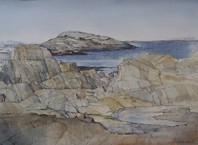 Water Land: Babb’s Rock, a watercolor by C. Errol Barron. Image: courtesy of C. Errol Barron