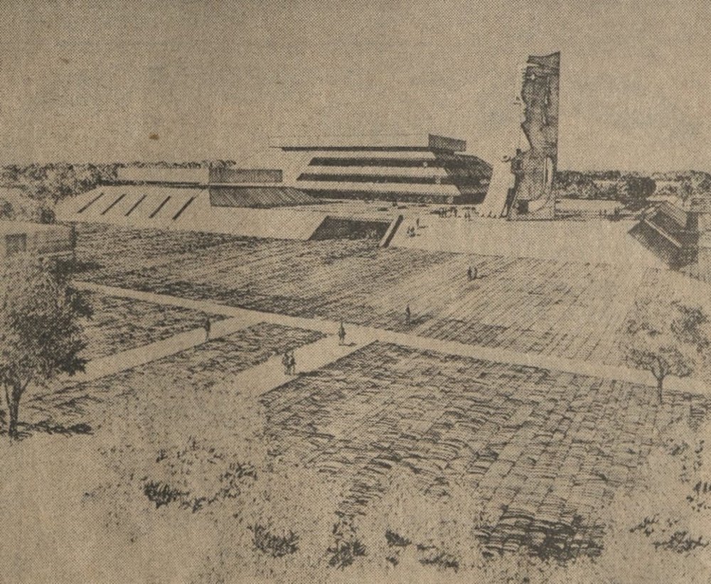 Rendering of the proposed visitors and arts center for the University of South Florida in Tampa. Picasso’s sculpture, which was to sit on the adjacent plaza, would have been a massive presence. Image courtesy of the USF Special Collection Library