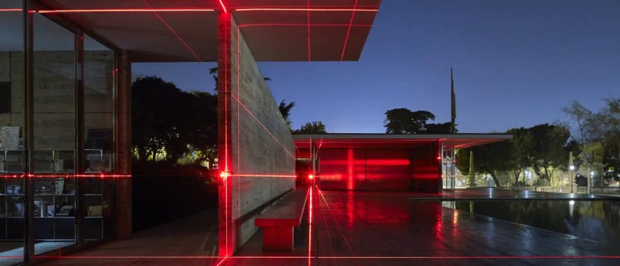 Geometry of Light installation, at the Barcelona Pavilion. View across the elevated plinth, towards the main body of the building. Photograph by Kate Joyce
