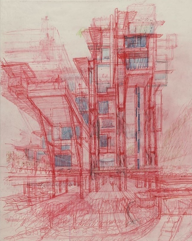 Paul Rudolph’s sketch for the Plantation Road Triplex project in Hong Kong, color pencil on vellum, 1995—a project he was working on towards the end of his half-century career. This perspective sketch (which one observer characterized as “Metabolist”) includes vertical and diagonal structure, multiple levels, and supported as well as cantilevered elements—and shows one of the series of different approaches that Rudolph explored while developing his ideas for this project. Image © The Estate of Paul Rudolph, The Paul Rudolph Heritage Foundation.