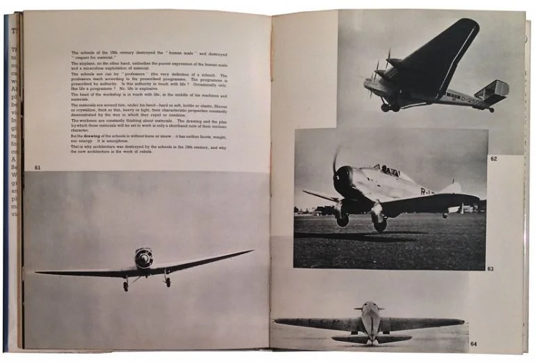 Le Corbusier even write a whole book expressing his delight in flight and aircraft—and used them as a symbol for forward-looking thought as well as aesthetics. His book, “Aircraft” came out in 1935, Image courtesy of Irving Zucker Art Books.