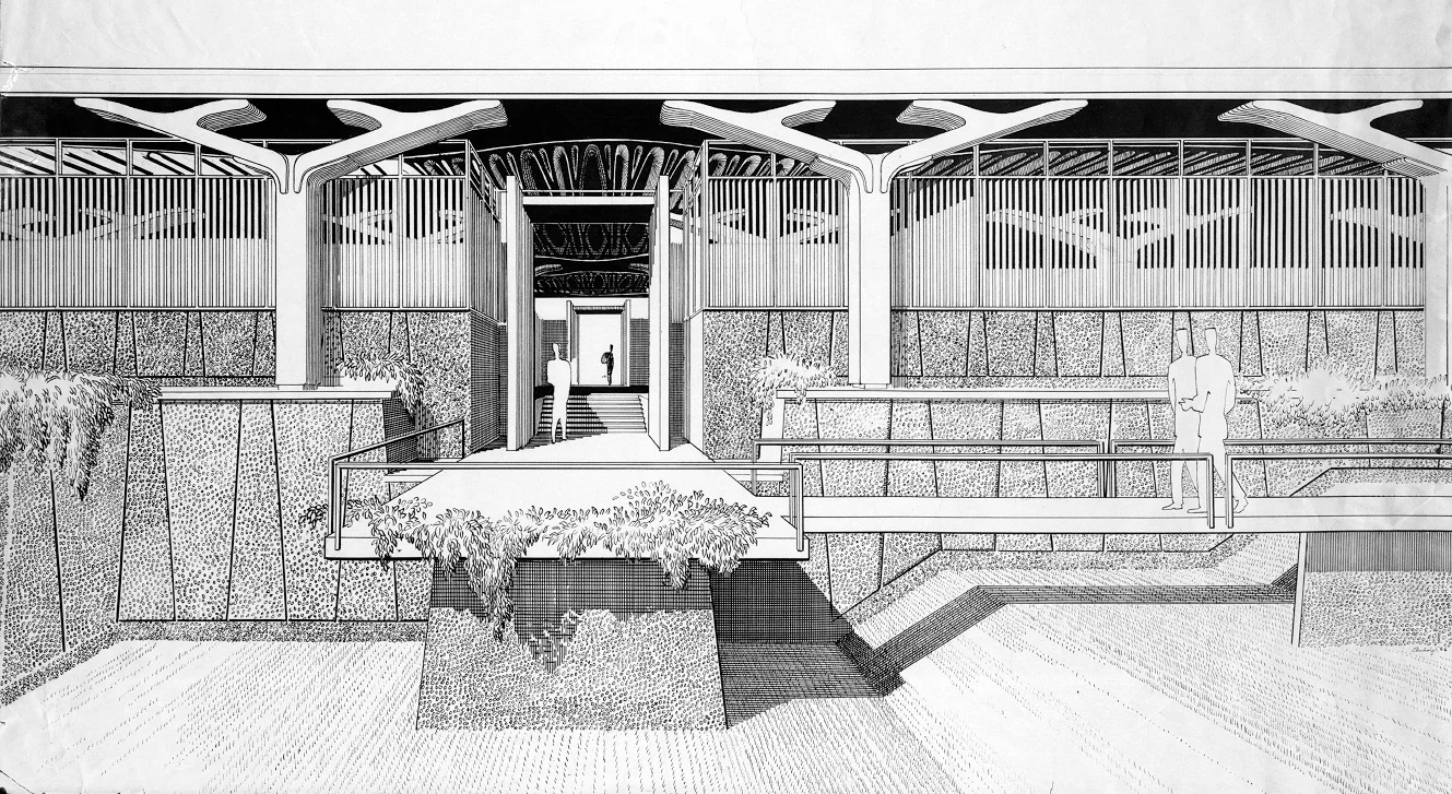 Paul Rudolph’s rendering for the Greeley Memorial Laboratory for the Yale Forestry School— a building, on the Yale Campus, which he designed within a couple of years of his proposal for the Florida airport. While the columns at Greeley were of precast concrete (with mathematically-derived sculptural curves) , their overall silhouette is reminiscent of the tops of the columns at for the airport—so might it be that the airport terminal project was where those forms germinated? Image © The Estate of Paul Rudolph, The Paul Rudolph Heritage Foundation.