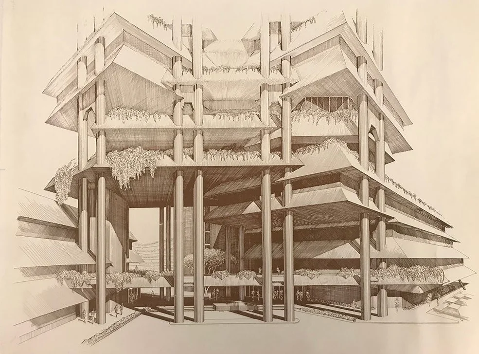 One of the donations was a high-quality print of Rudolph’s detailed perspective rendering for the base and lower floors of the Wisma Dharmala Tower in Jakarta. Photo of drawing by Kelvin Dickinson, for the Paul Rudolph Heritage Foundation