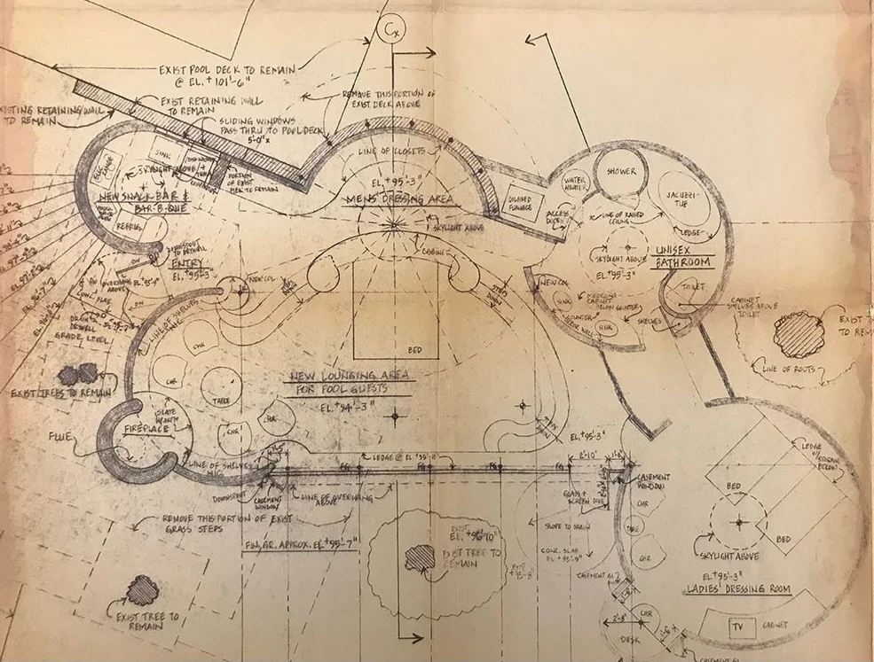 A floor plan for changing rooms, rest room, and the lounging area in a proposed outbuilding for the Edersheim Residence in Larchmont, NY. The diazo print is dated 1988. Photo of drawing by Kelvin Dickinson, for the Paul Rudolph Heritage Foundation