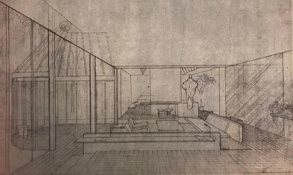 Rudolph’s perspective rendering of the “living room and glass loggia” of the Licht Residence in Hewlett Harbor, NY. A project of the mid-1980’s, this drawing was incorporated into the cover sheet of the construction drawings—of which a full set of diazo prints was donated by Mr. Chin. Photo of drawing by Kelvin Dickinson, for the Paul Rudolph Heritage Foundation