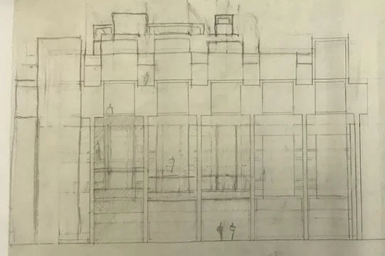 A preliminary sketch, pencil on tracing paper, for an exterior elevation of Paul Rudolph’s most famous work: the Yale Art & Architecture Building (now known as Rudolph Hall). Photo of drawing by Kelvin Dickinson, for the Paul Rudolph Heritage Foundation