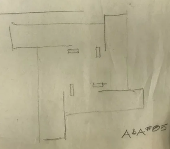 On the same sheet as the above elevation drawing is this small diagram, showing the “pinwheel” parti that is the basis of the Yale building’s floor plans. Photo of drawing by Kelvin Dickinson, for the Paul Rudolph Heritage Foundation