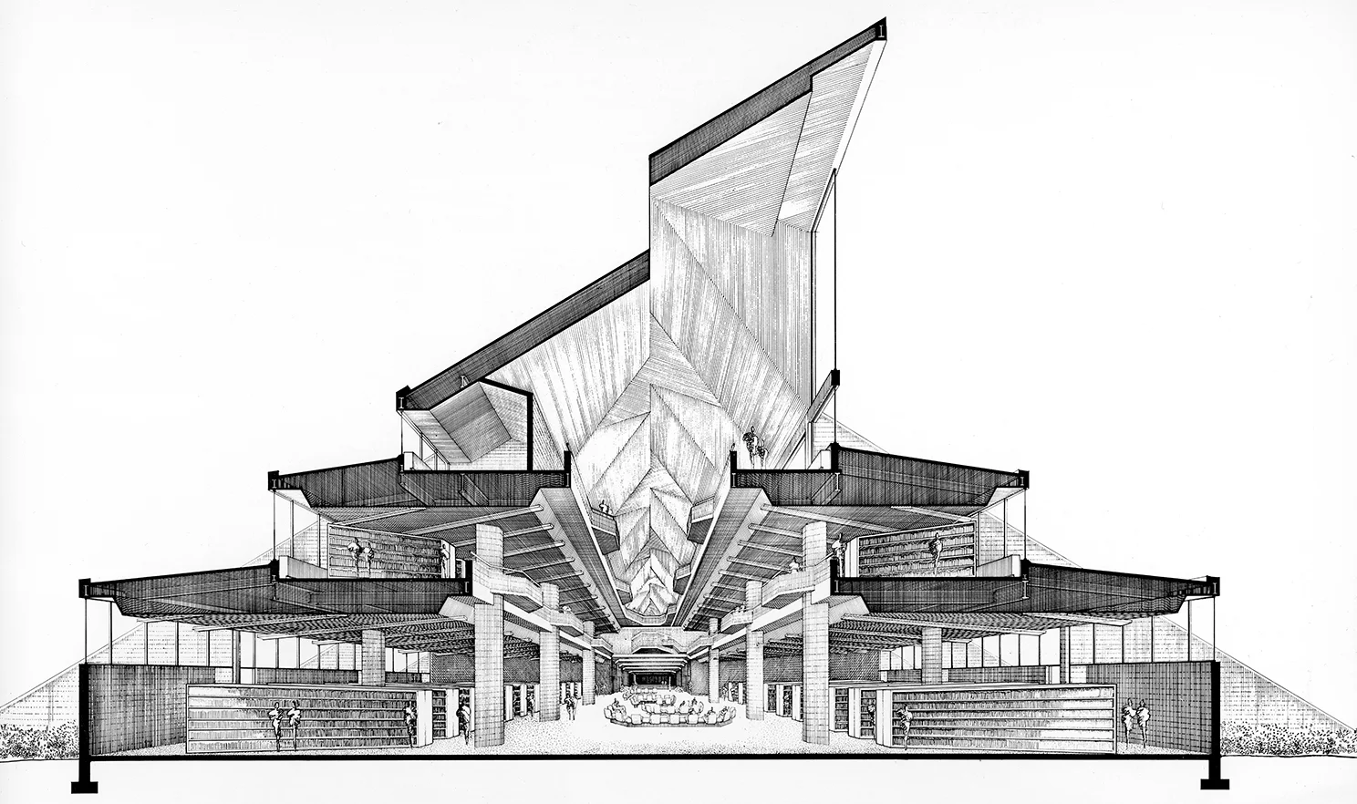Rudolph’s section-perspective of the library, looking down its main axis. A series of tall clerestory windows, rising prominently from the roof, bring in natural light. The building rises in three stages, with each floor getting smaller than the one below—reflecting the library’s functional space needs. Image © The Estate of Paul Rudolph, The Paul Rudolph Heritage Foundation.