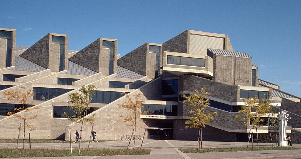 The entry side of Niagara Falls’Earl. W. Brydges Library, designed by Paul Rudolph. Image courtesy of the Massachusetts Institute of Technology, photograph by G. E. Kidder Smith