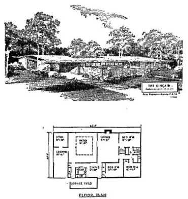 The “Kincade” is the name of a mid-1950’s house design by Paul Rudolph. It was published as a “Home-of-the-Month”—apparently part of a series of home designs available to the public through lumber yards and construction supply companies. This image is from a 1954 article in the Denton Journal.
