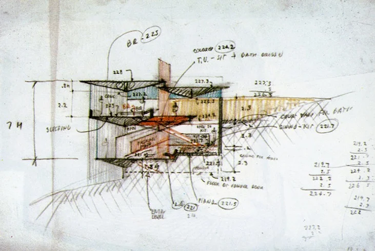 The Pilsbury Residence, a design from 1972. All we’ve seen—so far—of this project is this intriguing section sketch by Rudolph. It was published in a Japanese architecture magazine (in an issue entirely devoted to Rudolph’s work), and was designed for Cannes, France. It is one of Rudolph’s few works for Europe—N.B the dimensions seem to be in metric. The project’s name and proposed location is all that we know about it—so far. We’re hoping future research will reveal more. Image © The Estate of Paul Rudolph, The Paul Rudolph Heritage Foundation.