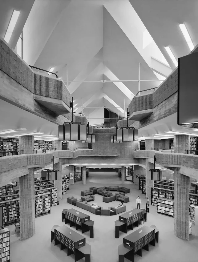 While the library’s sculpturally rugged exterior is certainly memorable, it is the light-filled interior—rising up three storeys to prominent clerestory windows—which uplifts the spirit. Joseph W. Molitor architectural photographs. Located in Columbia University, Avery Architectural & Fine Arts Library, Department of Drawings & Archives