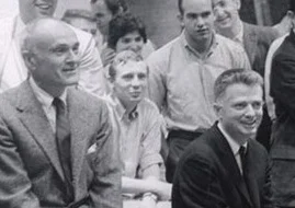 A detail from a snapshot of Philip Johnson (at left) and Paul Rudolph (at right) at a Yale architecture school jury in 1960. Photo: Stanley Tigerman