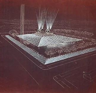 A night-time rendering of Paul Rudolph’s Channel 7 TV station headquarters building, designed for Amarillo, Texas.
