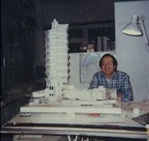 RD Chin, shown while working in Paul Rudolph’s office in New York, next to a model of the Concourse (built in Singapore). Just peeking out at the bottom of the photo, below the tabletop, is the top of one of the fork-shapedmetal drawing-board supports which Rudolph had designed and custom fabricated for his offices—they can be seen in photos of his New Haven studio, and they seem to have move with him to his subsequent office locations (as well as showing up in Rudolph’s perspective rendering of his New York office).
