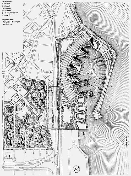 Paul Rudolph’s overall site plan of the Buffalo Waterfront Housing Project (“Shoreline Apartments”). The higher-end housing (which was not constructed), surrounded the marina, occupies the right side of he drawing. The complex of mid-to-low-rise apartments is on the left side of the drawing—and the left-most quarter of that section is what was actually built. © The Estate of Paul Rudolph, The Paul Rudolph Heritage Foundation.