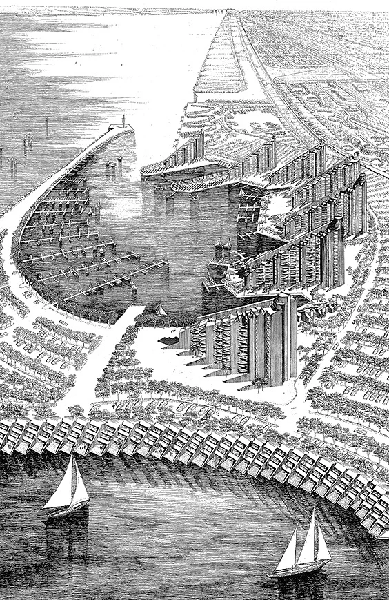 A full view of one of the drawings shown in the above exhibit installation photo. Rudolph was a master perspectivist, and this is his overall rendering of the project. In the middle is the boat marina, from which multi-story apartment houses radiate. In he foreground (at the bottom of the drawing) are townhouses that line the outer edge of the peninsula that surrounds the marina. Just visible, at the top-right, is the portion of the housing that was constructed. © The Estate of Paul Rudolph, The Paul Rudolph Heritage Foundation.