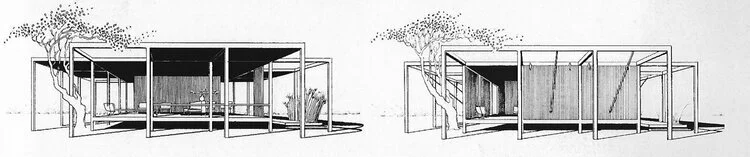 Paul Rudolph’s drawings of his Walker Guest House in Florida, showing how the exterior flaps work. Located on all four sides of the house, they open and close (and can be set at almost any angle), which allows for flexibility in dealing with changes…