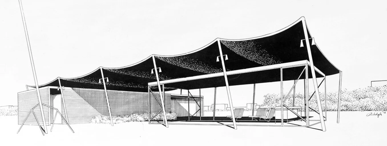 Paul Rudolph’s perspective drawing of a Beach Pavilion, a Florida project from 1950. Both this and Rudolph’s proposal for an embassy in Jordan (above) are examples of Rudolph use of a “Double Roof”: a composition which has an upper roof (in this cas…