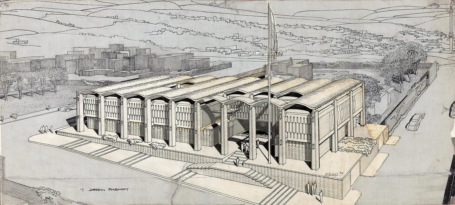 Paul Rudolph’s rendering of a proposed U.S. Embassy in Amman, Jordan, a project from 1954. Like the Beach Pavilion project shown below, the design utilizes the solar heat management strategy of incorporating “Double Roofs” into the design. The upper…