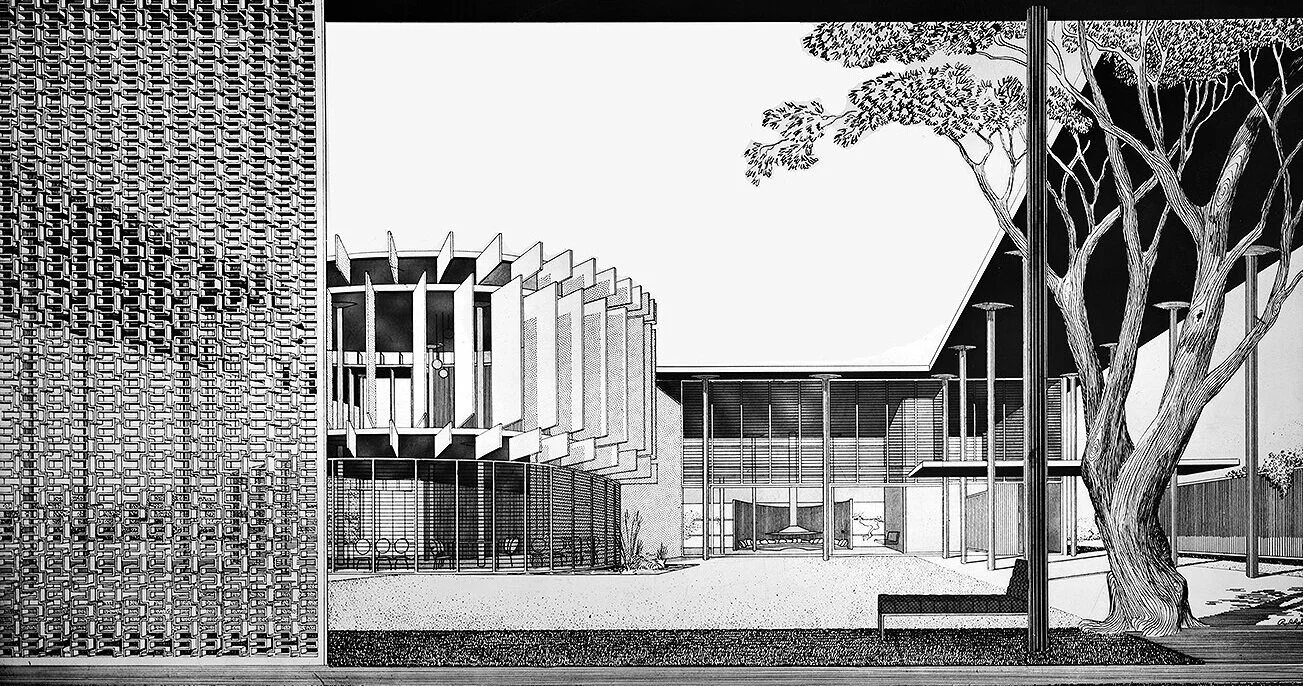 Rudolph’s perspective rendering of the S.A.E. Fraternity House—a 1952 Florida project, proposed for the University of Miami—shows his intended use of sun shading baffles, screening, as well as covered walkways. © The estate of Paul Rudolph, The Paul…
