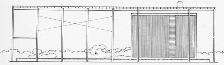 Rudolph’s side elevation drawing of the Umbrella House. At the upper-right one can see the gap between the upper roof (which provides shade) and the lower roof (of the interior volume of the house.) © The estate of Paul Rudolph, The Paul Rudolph Her…