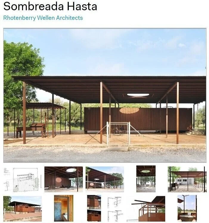 A screenshot of Architect’s report on bunkhouse and bathing facilities for a ranch in Texas, designed by Rhotenberry Wellen Architects, Not only does it utilize a Double Roof, but a portion of the facade swings upward—as in Rudolph’s Walker Guest Ho…