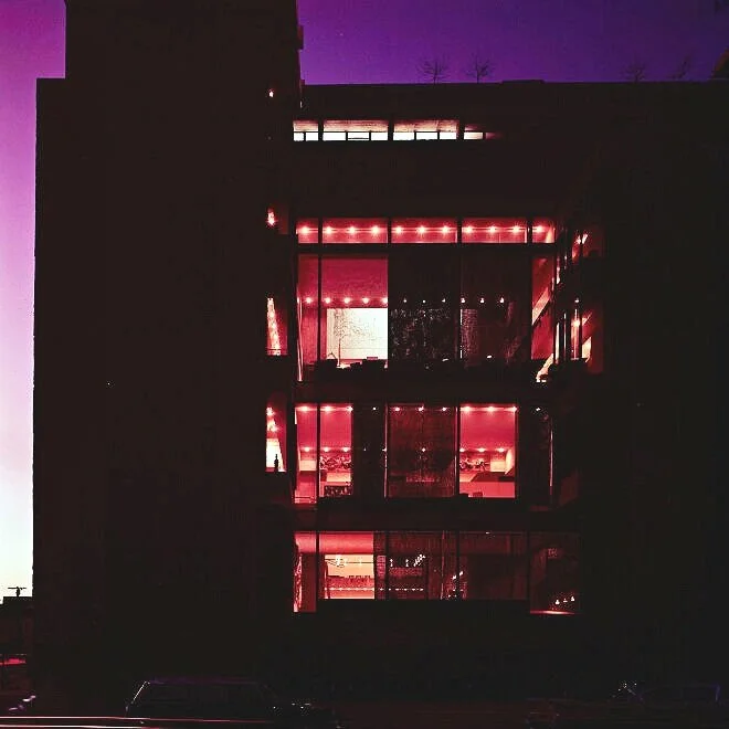 Late at night at the     Yale Art &amp; Architecture Building    —and the lights are still burning. This view is from 1963, which is during the period (1958-1965) when Paul Rudolph was chair of Yale’s School of Architecture. He, along with the students (working at their drawing boards) might well have been in the building when this photograph was taken.
