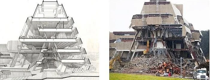 The    Burroughs Wellcome    headquarters building and research center, in Durham, North Carolina—one of Paul Rudolph’s most iconic designs, and a structure of historic importance—has been turned into demolition debris.