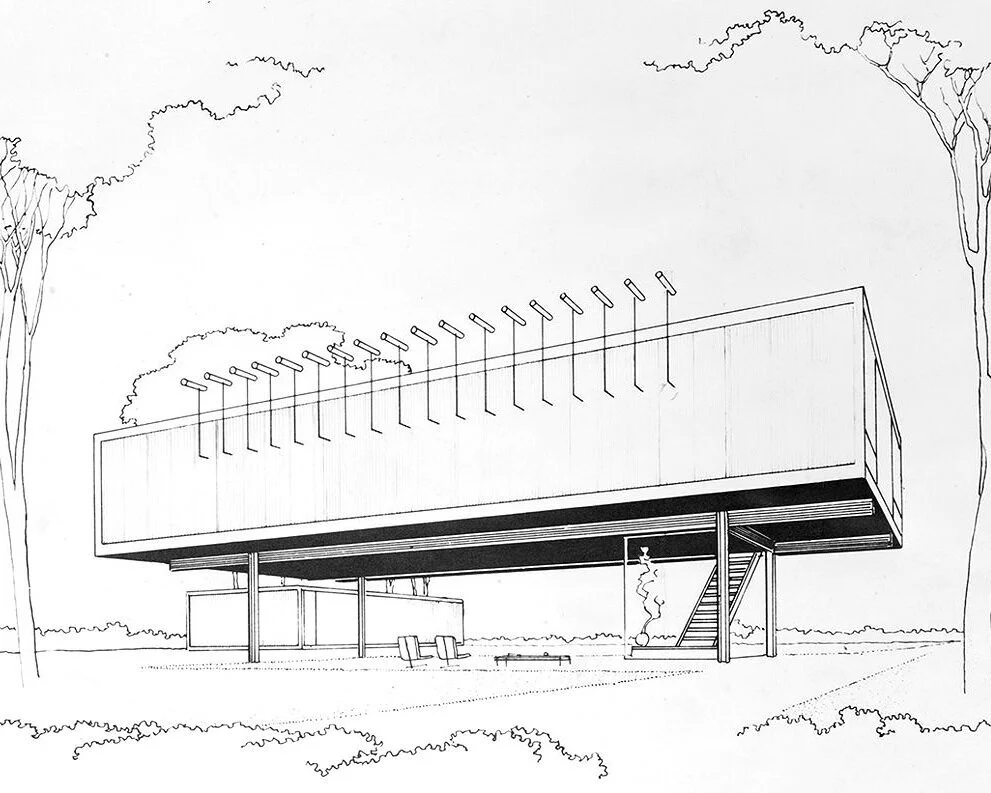 Rudolph’s perspective rendering for the Biggs Residence—a drawing which shows his original platonic intent: a pure “rectangular prism” floating above the ground.