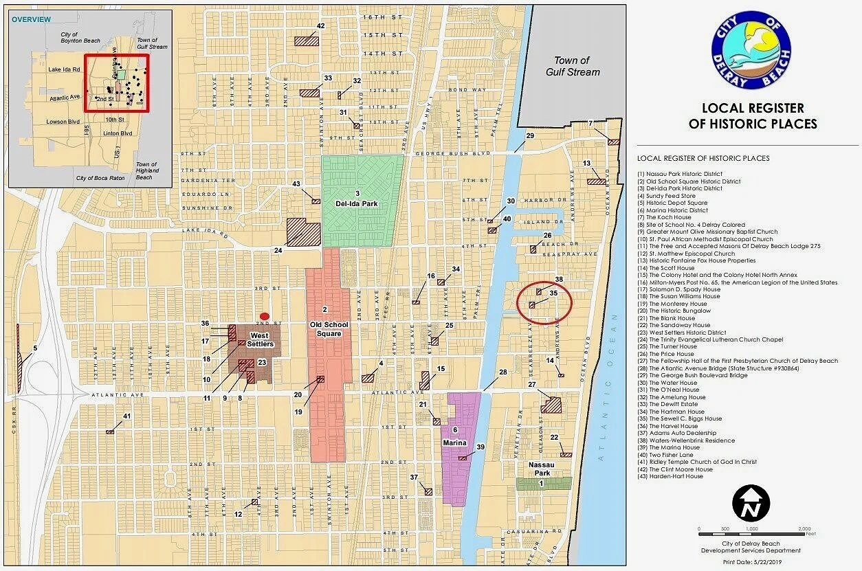 The city of Delray Beach’s map showing the buildings on their    Local Register of Historic Places.    The Biggs Residence (number 35) is within the red oval near the map’s right-hand edge. A larger version of the map is     here    .