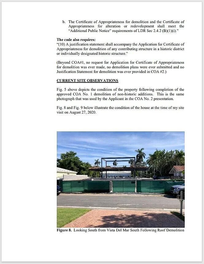 A page from the report. It includes a photo, taken at the construction site in 2020, showing the remaining steel after the house’s roof and walls had been demolished.