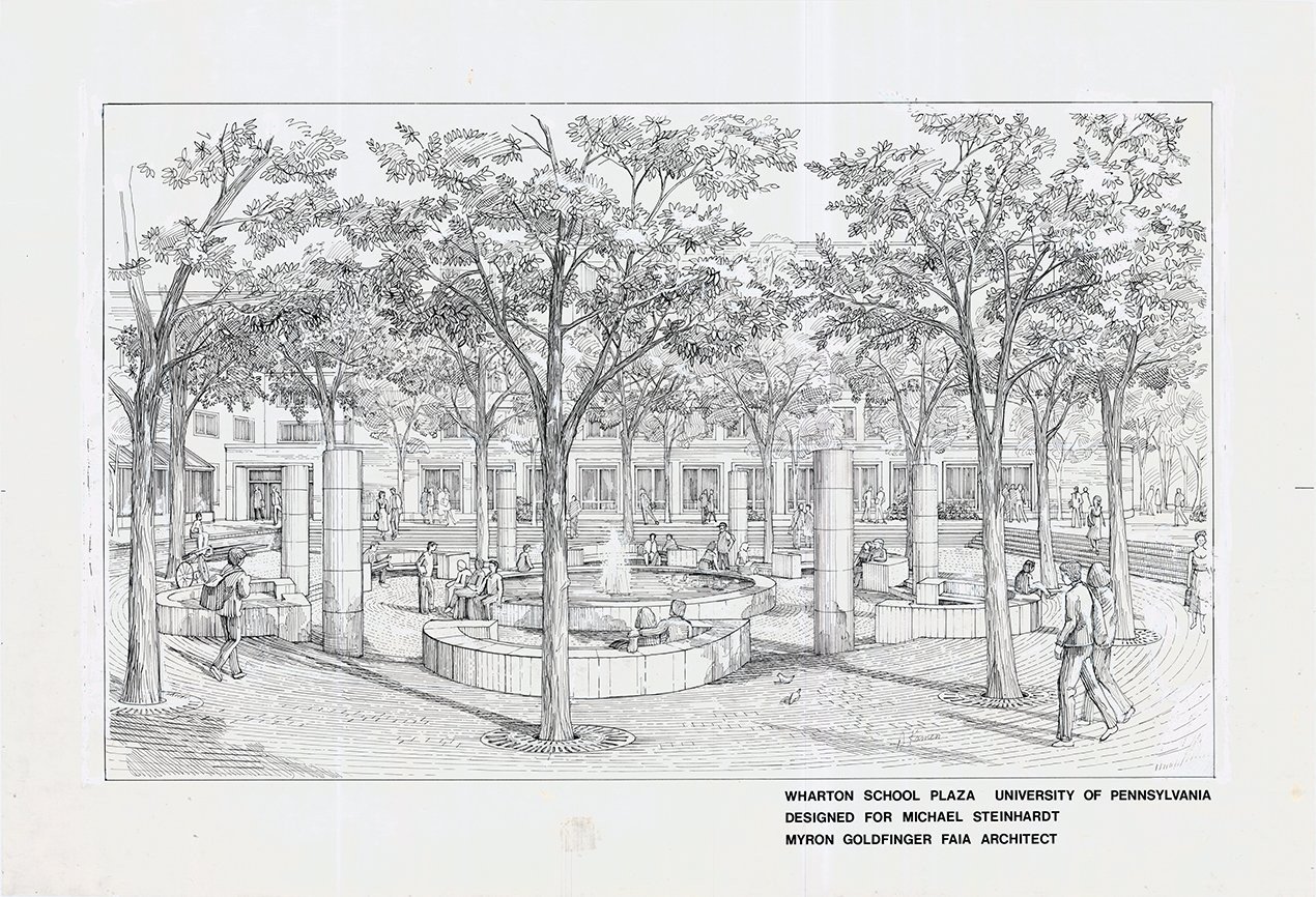 The Wharton School Plaza Philadelphia, Pennsylvania was designed by Myron Goldfinger in 1987. Situated in the Wharton School at the University of Pennsylvania, the plaza was designed for Michael Steinhardt, a noted New York hedge funder and prolific 