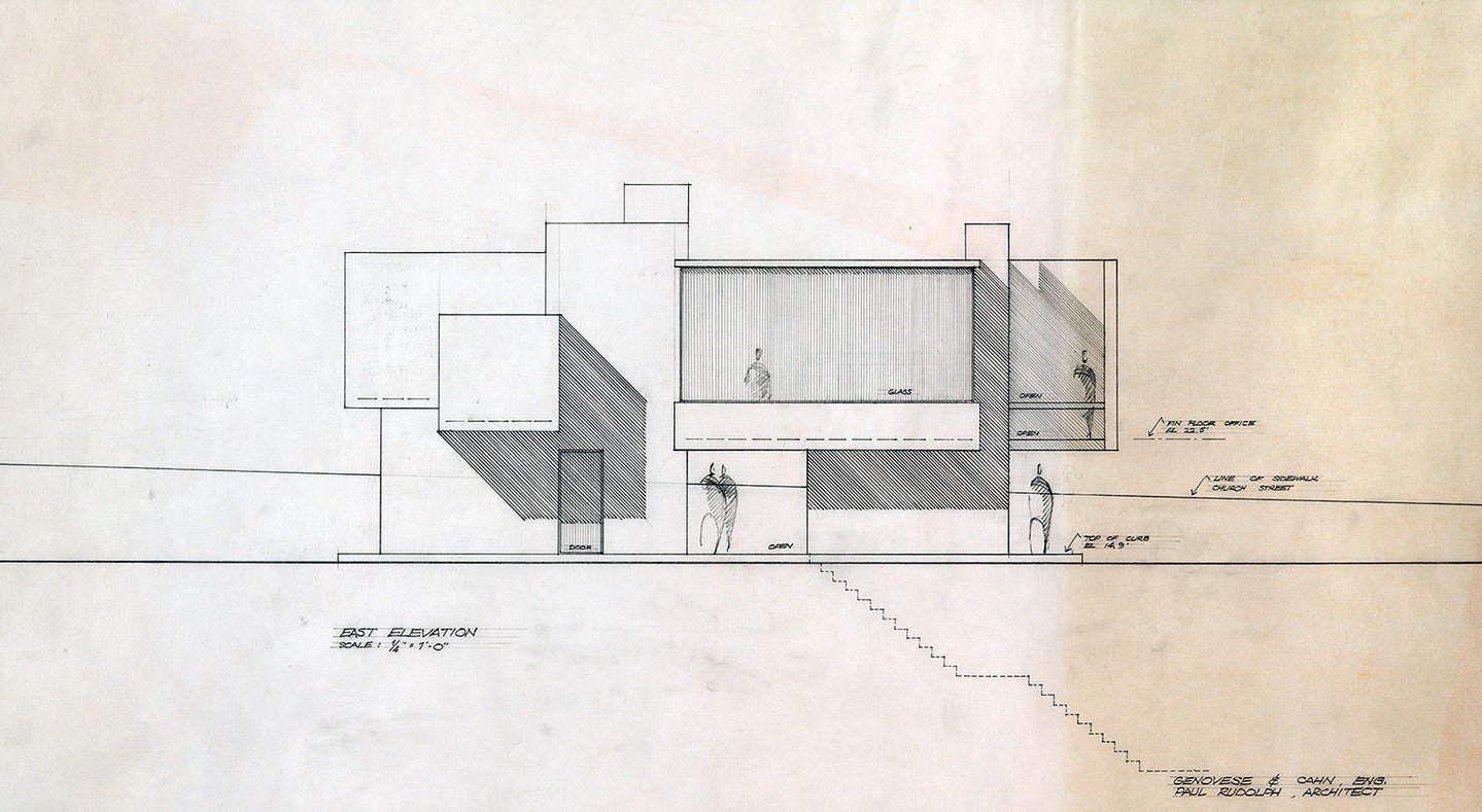 The unbuilt manager's office for the parking authority in New Haven, Connecticut designed by Paul Rudolph in 1961.  The site was to be next to the Temple Street Parking Garage which was constructed and opened in 1962.